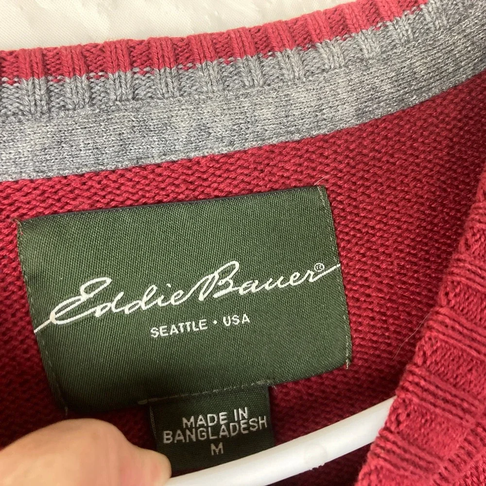 Vintage‎ Eddie Bauer Crewneck Sweater Mens M Burgundy Red Cotton Knit USA Preppy